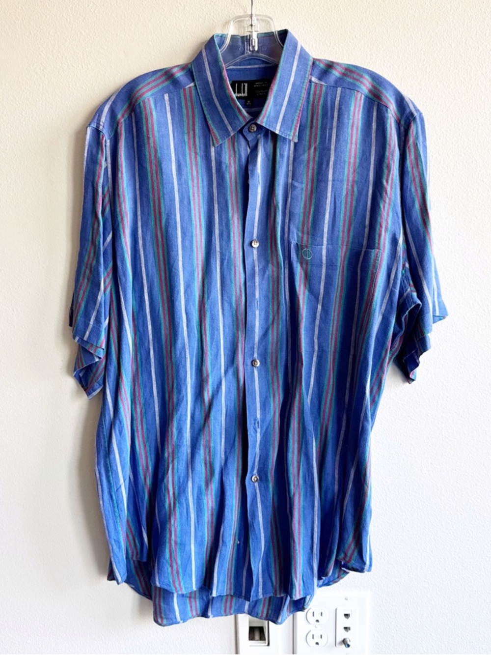 Dunhill Linen Short Sleeve Button Down, Blue Stripes